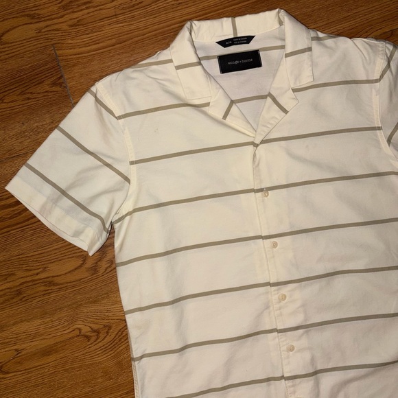 Wings + Horns Deck Stripe Short Sleeve Button-Up Camp Shirt in Moss Stripe - Picture 6 of 7